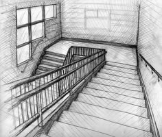 this is an image of a sketch of a room with railings and windows in it