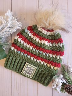 a green and red knitted hat with a white pom - pom on top