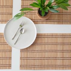 a white plate topped with a fork and knife next to a potted green plant