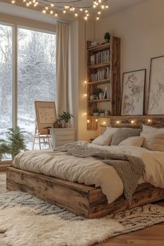 a bed room with a neatly made bed and lots of lights hanging from the ceiling