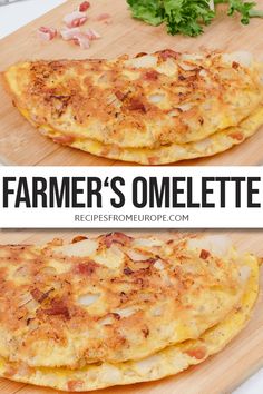 an omelette on a cutting board with the words farmer's omelet above it