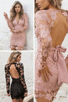 Lace Patchwork Long Sleeve Backless Bodycon Short Homecoming Dress,SF0134 on Storenvy Elegant Non-stretch Backless Bodycon Dress, Backless Mini Dress With Lace Patchwork, Backless Mini Dress With Lace Patchwork For Party, Fitted Pink Backless Dress, Fitted Pink Backless Dress For Night Out, Pink Fitted Backless Dress For Night Out, Pink Fitted Backless Dress For Prom, Pink Fitted Backless Prom Dress, Summer Wedding Long Sleeve Bodycon Dress