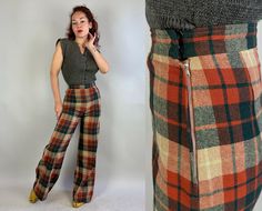 You'll be a pretty plucky lass in these unique 1940's trousers! The wool is a fantastic plaid of spiced orange, pine green, and sand dune beige. They are high waisted with a metal "Talon" zipper fastening on the side and extra wide hems.  These trousers are in great vintage condition, with no stains, holes, or odors to note.  Measurements taken flat and doubled where appropriate: Waist: 26" Hips: 39" Inseam: 31"  Rise: 13" Outseam: 44" Cuff Circumference: 24" Like the top? Find it here: https://www.etsy.com/listing/1786144735/ Find our other small vintage fashionable frocks here: https://www.etsy.com/shop/OverAttiredVintage?section_id=20630600  Every additional item added to your order ships for FREE! Follow us on social media for Previews, New Items, and Exclusive Promotions! Instagram: h Retro Plaid Pants For Fall, Retro Fitted Wool Bottoms, Fitted Vintage Wool Pants, Vintage Plaid Bottoms For Work, Retro Wool Bottoms For Fall, Vintage Plaid Pants For Work, Vintage Plaid Pants For Fall, Vintage Wool Pants For Fall, Fitted Vintage Plaid Bottoms