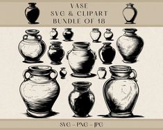 a set of vases and jars drawn by hand in black ink on a beige background