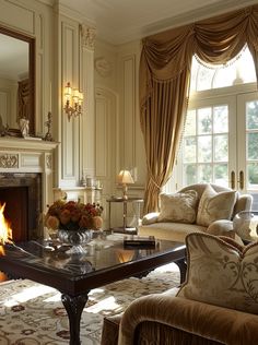 a living room filled with furniture and a fire place in front of a large window