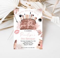 this is an image of a birthday party card with makeup and cosmetics items on it