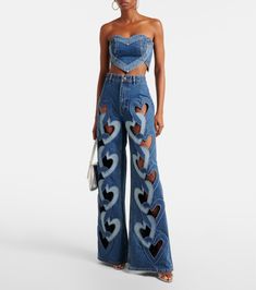 Cutout high-rise wide-leg jeans in blue - Area | Mytheresa Iconic New York, Denim Tank Top, Denim Corset Top, Denim Tank, High Rise Wide Leg Jeans, Denim Crop Top, Denim Corset, Embellished Denim, Pink Tank Top