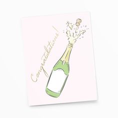 a card with an illustration of a bottle of champagne and the words congratulations written on it