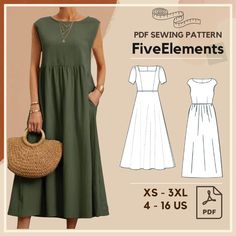 a woman in a green dress and straw bag with the text, sewing pattern five elements