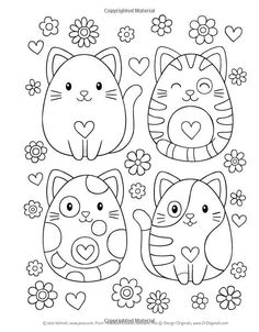 three cats with hearts and flowers in the background, coloring page for children's books