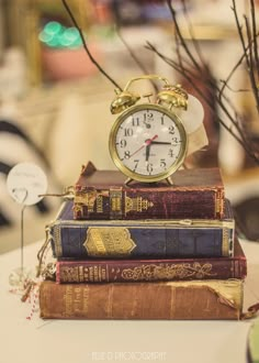 an alarm clock sitting on top of three books next to a tree with no leaves