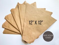 six brown paper bags with the measurements for each bag