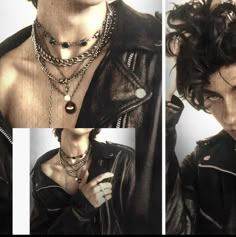 three pictures of a woman with multiple necklaces on her neck, and wearing a leather jacket