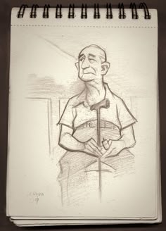 a drawing of a man holding a baseball bat on top of a notepad with writing underneath it