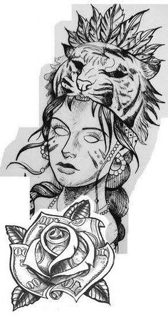 a black and white drawing of a girl with a lion head on her head, next to a rose