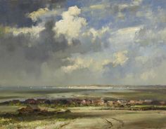 an oil painting of clouds over the ocean and land with houses in the foreground