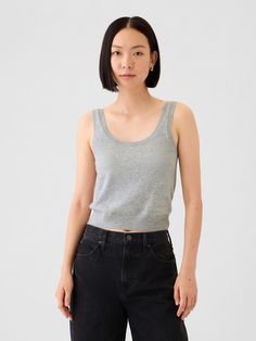 Supersoft cotton-blend cropped tank top.  Scoop neck.  Sleeveless.  Banded hem.  Fit: Close to the body.  Cropped, hits at the waist.  Models wearing Gap Tank Crop Top Outfit, Gray Tank Outfit, Tank Crop Top, Tank Outfit, Gap Sweater, Crop Top Outfits, Gray Tank, Ethereal Art, Cropped Tank Top