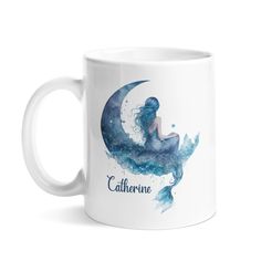 a mermaid sitting on top of a crescent with the word cafferine in it