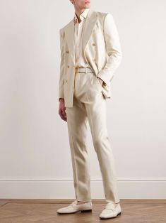 Shop TOM FORD Cooper Straight-Leg Silk, Wool and Mohair-Blend Suit Trousers, Explore the latest in-season TOM FORD collection today on MR PORTER Groom Suit Civil Wedding, Classy Groom Suit, Celebrity Wedding Suits, Casual Wedding Suits For Men, Vintage Tuxedo Men, Garden Party Suit, Cream Suit Men, Italian Wedding Suit, Spring Groomsmen Attire