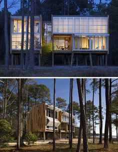 two pictures side by side showing the inside and outside of a house in the woods