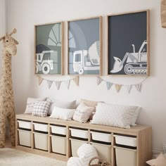 a set of three pictures hanging on the wall above a bench with storage bins