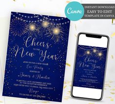 a blue and gold new year's eve party card with fireworks in the background