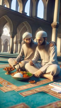 two figurines are sitting on the floor with food