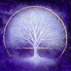 a painting of a white tree in a purple circle