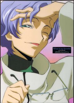 an anime character with blue hair and glasses holding his hand to his head while looking at the camera