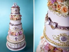 the wedding cake is decorated with pink and purple flowers on it's tiers