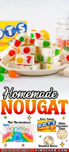 the cover of homemade nougat is shown on a plate with gummy bears