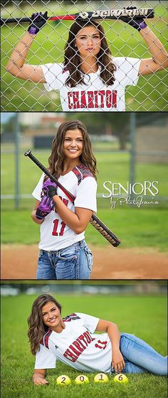 three girls are posing with softballs in their hands and holding baseball bats behind the fence