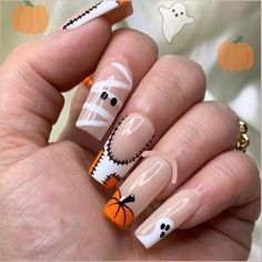 This fall nails are handmade with gel, with a good quality top coat gel for shine. The press on nails is design with pumpkin, patch and ghost nails art. SHAPE: square, coffin, almond and stiletto. -Each set comes with 10 nails. -One complementary prep kit per order. - Our nails are handmade with gel nail polish. -All nail sets are reusable. - A nail set can last up to three weeks with proper care and proper application. Please Note: I am not responsible for any incorrect sizing. If you are unsure about what your size, please purchase a sizing kit in the shop. Mummy French Tip Nails, Patch Work Nail Art, Medium Square Halloween Nails, Patch Nail Art, Halloween Nails Pumpkin Design, Halloween French Tip Nails Square, Pumpkin Ghost Nails, Ghost And Pumpkin Nails, Mummy Halloween Nails