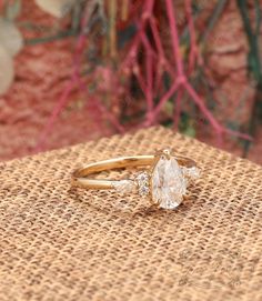 an engagement ring sitting on top of a piece of cloth next to a flower pot