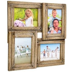 three wooden frames with four different pictures on the front and one is holding a child