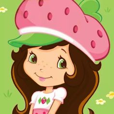 a cartoon girl with a strawberry hat on her head and long brown hair, wearing a pink dress