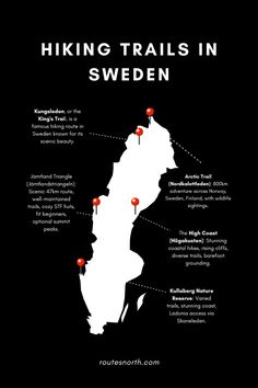 the hiking trails in sweden are marked by red pins on black background with white text