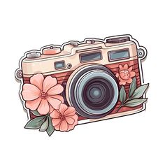 an old camera with flowers and leaves on the front, is shown in this drawing