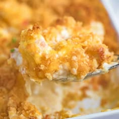 a spoon full of macaroni and cheese casserole