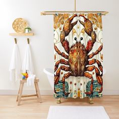 a shower curtain with an image of a crab on it's face and legs