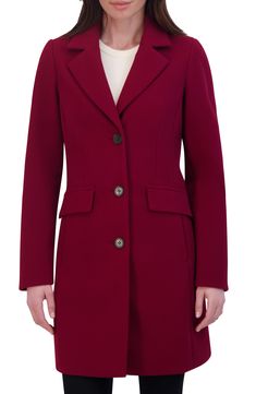 Stay warm in this water-resistant coat fashioned with notched lapels, princess seams and flap pockets for polished style. 35 1/2" length Front button closure Notched lapels Front flap pockets Lined 100% polyester Dry clean Imported Burgundy Lapel Collar Outerwear For Fall, Burgundy Outerwear For Business In Fall, Burgundy Business Outerwear For Fall, Red Notch Lapel Sport Coat For Winter, Burgundy Lapel Collar Outerwear For Winter, Fall Burgundy Single Breasted Outerwear, Burgundy Outerwear With Lapel Collar For Winter, Burgundy Single Breasted Outerwear For Work, Red Notch Lapel Business Outerwear