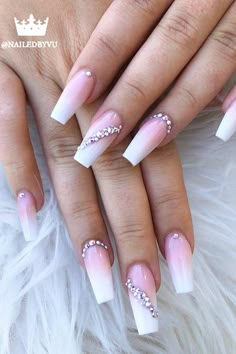 Fancy Nails With Gems, Ombre Nails With Bling, Ombre Nails Design With Rhinestones, White Ombré Nails With Design, Short Ombre Nails With Rhinestones, French Ombre Designs, Coffin French Tip Nails With Rhinestones, Ombré Nails With Rhinestones, Nails With