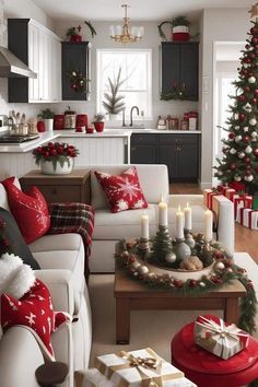 a living room filled with furniture and christmas decorations