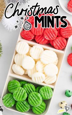 christmas mints and cookies in small dishes on a table