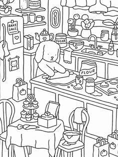 a black and white drawing of a teddy bear in a room full of stuff items