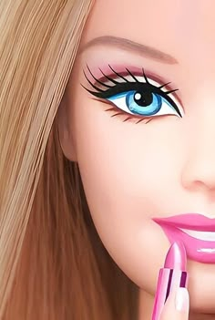 a barbie doll with long blonde hair and blue eyes holding a pink lipstick tube to her mouth