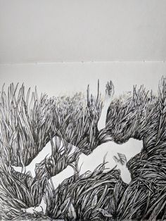 a black and white drawing of a dog laying in the grass