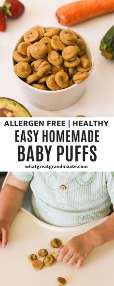 a baby sitting in front of a bowl filled with baby foods and the words, allergen free healthy easy homemade baby puffs