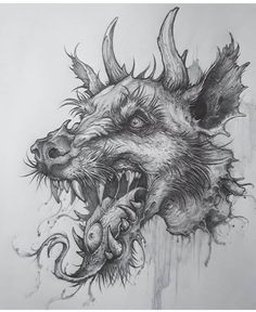 a drawing of a wolf with its mouth open and fangs out, it's teeth are