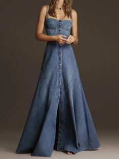 This A-line single breasted maxi denim dress from FZ is perfect for plus size women who want to stay comfortable and stylish. Made with high-quality vintage - FZwear Maxi Dress Holiday, Vestiti In Jeans, Denim Tank Dress, Denim Party, Vintage Denim Dress, Button Maxi Dress, Maxi Vestidos, Vestidos Jeans, Holiday Maxi Dress